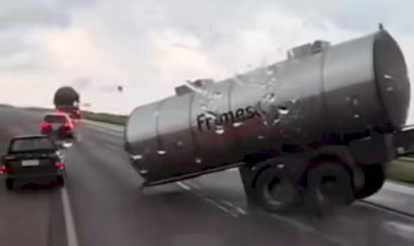 Caminhão-tanque se desprende e compartimento metálico fica sobre a pista na BR-163, entre Quatro Pontes e Dois Irmãos