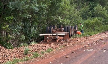Caminhão carregado com mandioca tomba durante chuva na rodovia entre Alto Alegre e Terra Roxa