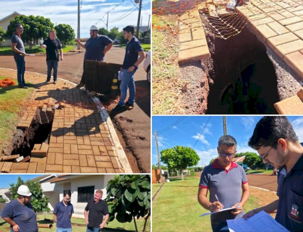 Prefeitura acompanha situação de cratera formada após chuva intensa e obra de saneamento