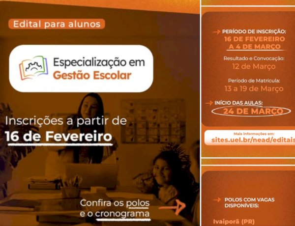 UEL abre inscrições para Pós-Graduação em Gestão Escolar no Polo de Nova Santa Rosa
