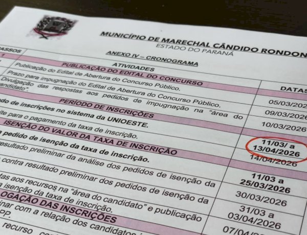 Inscrições para concurso público em Marechal Rondon seguem até segunda-feira