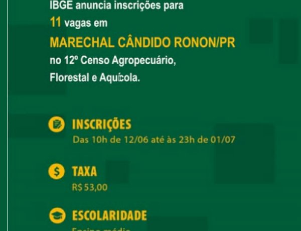IBGE abre 11 vagas para Censo Agropecuário 2026 em Marechal Cândido Rondon com inscrições até 1º de julho