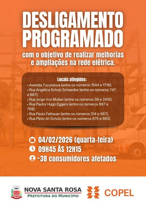 Copel fará desligamento programado de energia nesta quarta-feira em Nova Santa Rosa