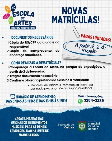 Seguem abertas as matrículas para a Escola de Artes de Marechal Cândido Rondon