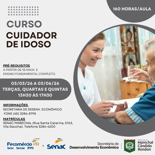 Ainda há vagas para curso gratuito de Cuidador de Idoso em Marechal Rondon