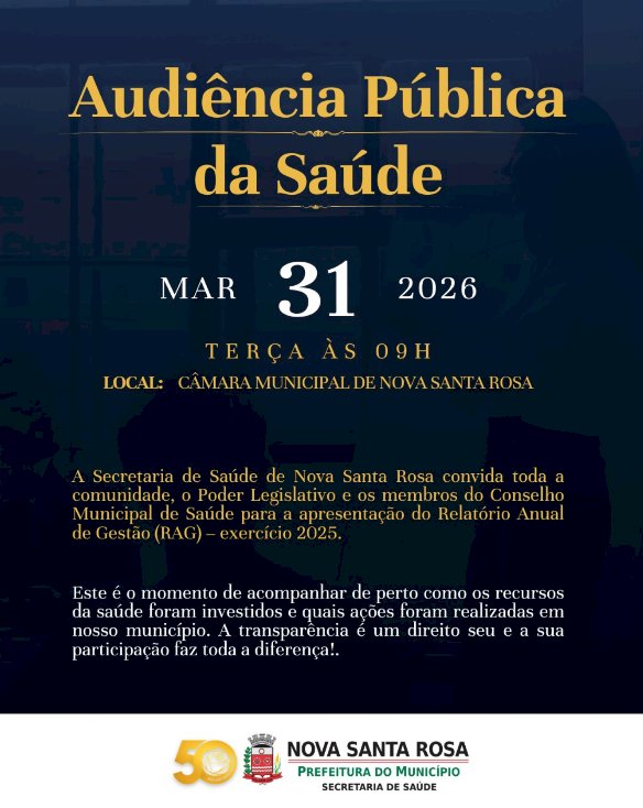 É AMANHÃ DIA 31; Saúde convida população para audiência pública de prestação de contas em Nova Santa Rosa