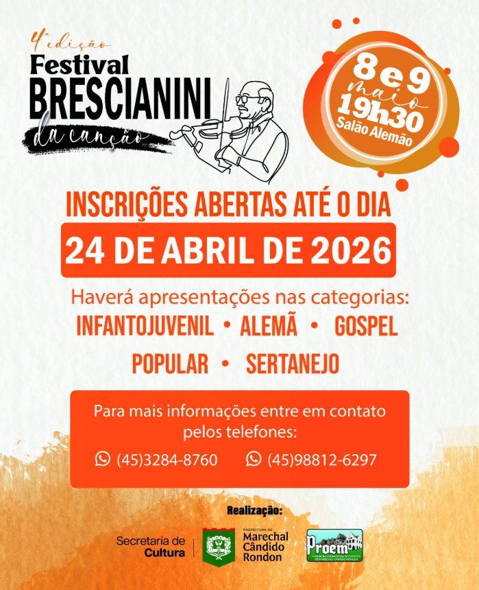 Inscrições abertas para o 4º Festival Brescianini da Canção em Marechal Rondon