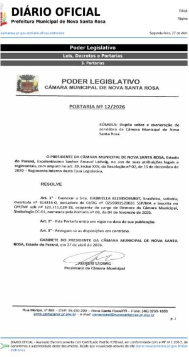 Demissão de ex-diretora da Câmara de Nova Santa Rosa segue sem explicação pública detalhada