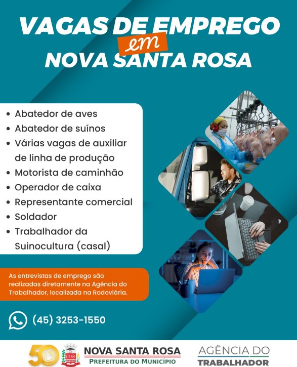 Agência do Trabalhador oferece vagas de emprego em Nova Santa Rosa nesta segunda-feira