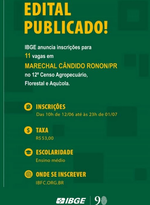 IBGE abre 11 vagas para Censo Agropecuário 2026 em Marechal Cândido Rondon com inscrições até 1º de julho