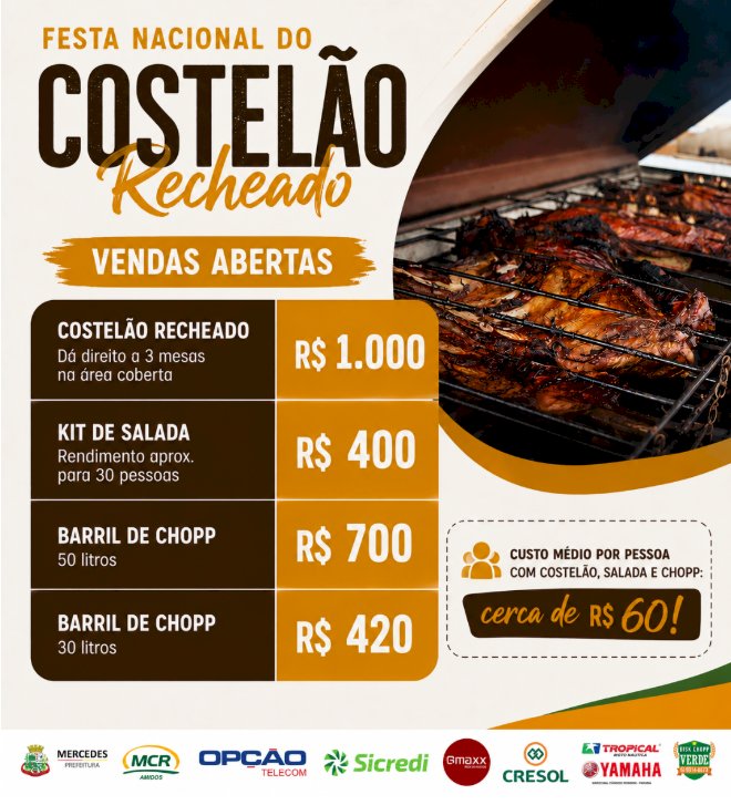 Festa do costelão recheado de Mercedes terá custo médio de R$ 60 por pessoa; vendas abertas
