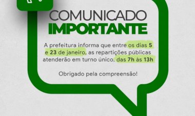 Atendimento na prefeitura terá turno único em janeiro