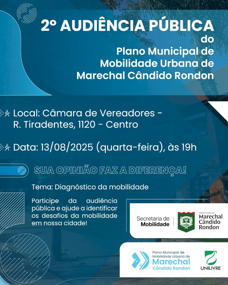 Segunda audiência pública sobre o Plano Municipal de Mobilidade Urbana de Marechal Rondon será realizada no dia 13 de agosto