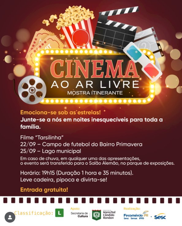 Cinema ao ar livre acontecerá nos dias 22 e 25 de setembro em Marechal Cândido Rondon