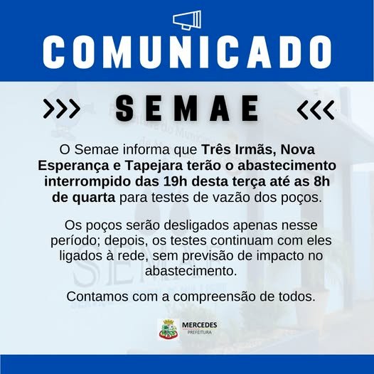 Mercedes: Três localidades terão abastecimento interrompido amanhã durante a noite