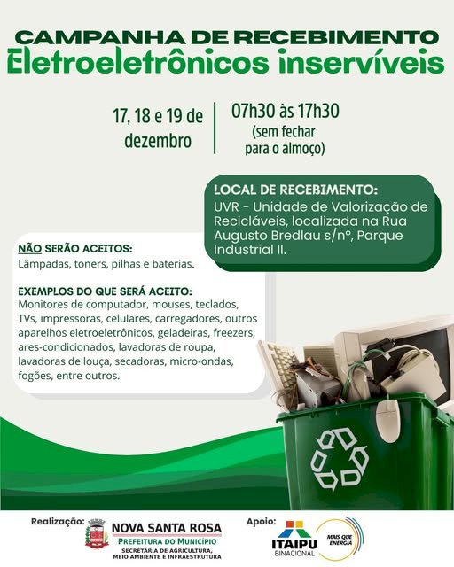 Nova Santa Rosa realiza campanha de recebimento de eletroeletrônicos inservíveis