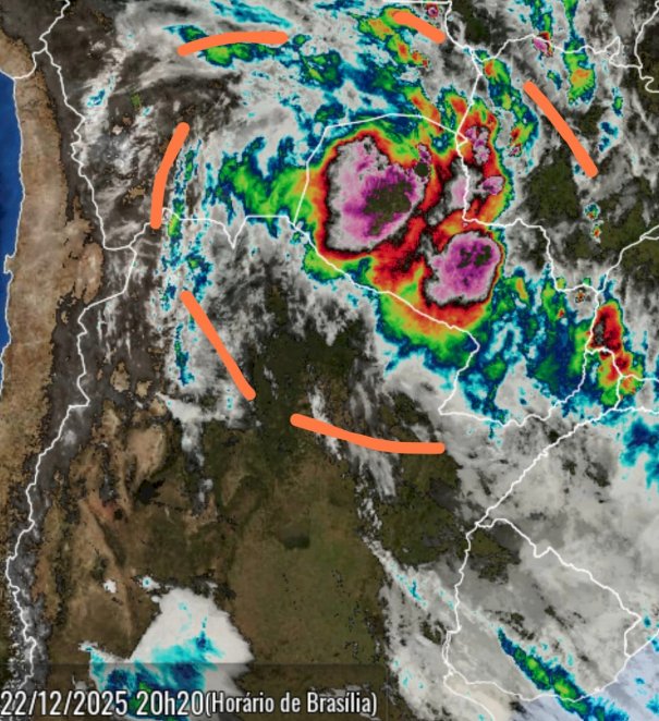 Imagens de satélite mostra  tempo girando no sentido anti-horário (agora21 horas dia 22)